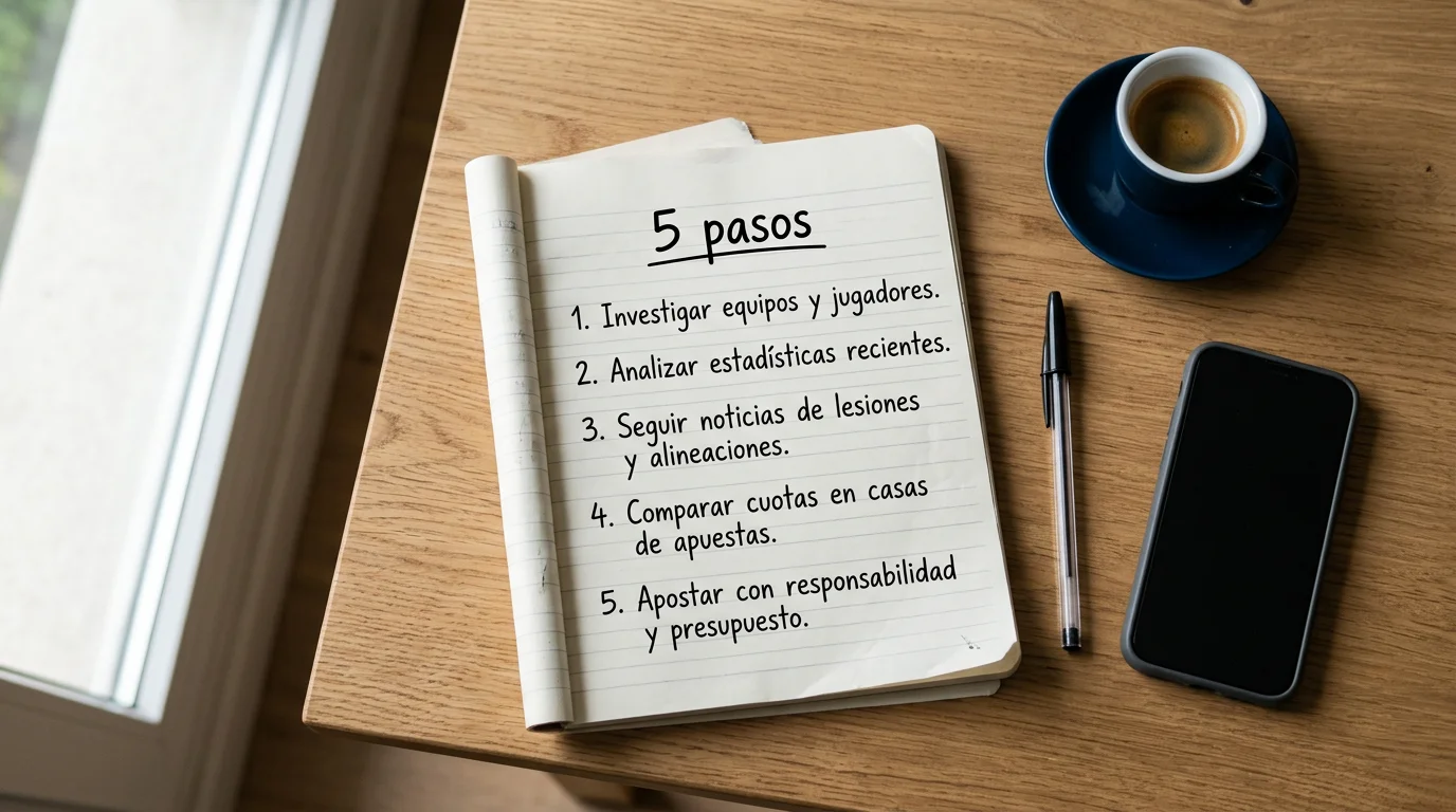 Escritorio con libreta abierta y plan de cinco pasos para apostar en la Champions